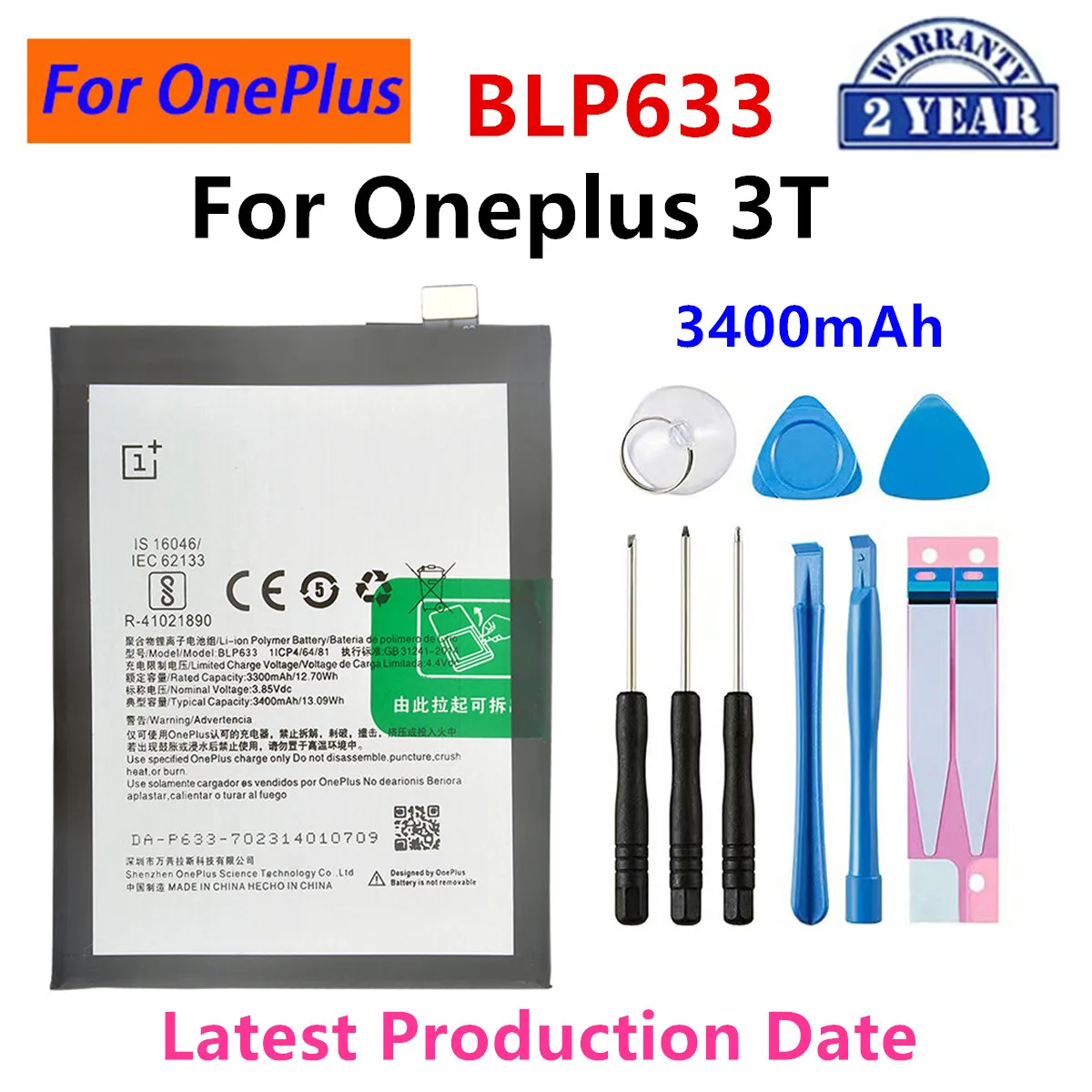 

100% Orginal BLP633 3400mAh Replacement Battery For Oneplus 3T A3010 Genuine Latest Production Phone Batteries+Tools