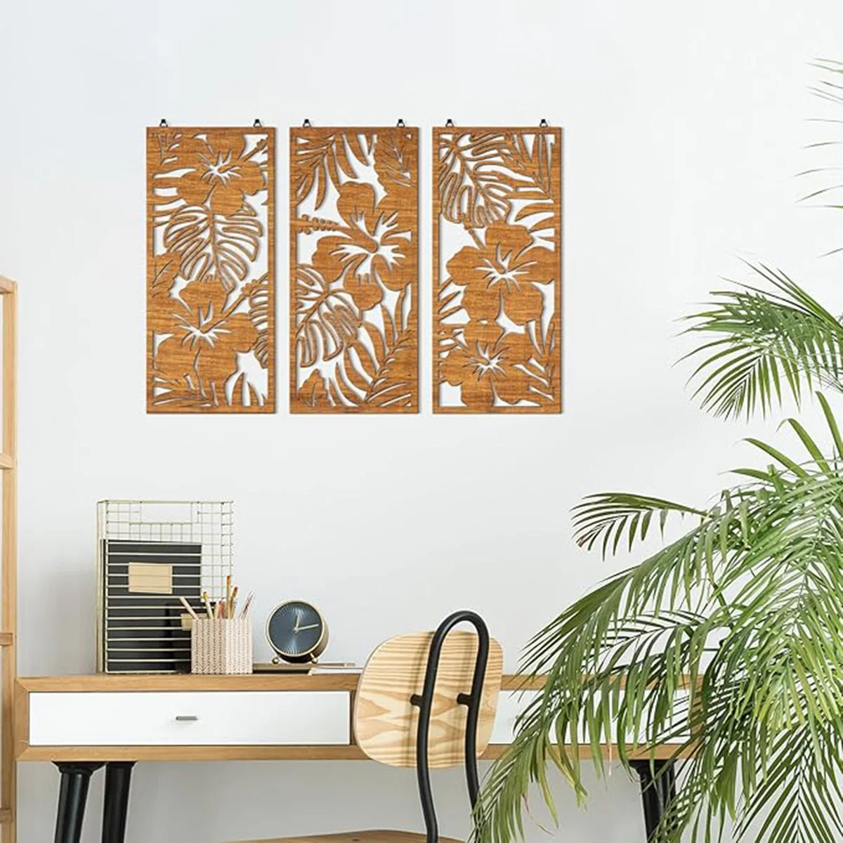 3 قطعة جدار ديكور خشبي أوراق النخيل جدار الفن الحد الأدنى الخشب زهور الكركديه ديكور معلق لوحة نباتية خمر للحمام المنزل