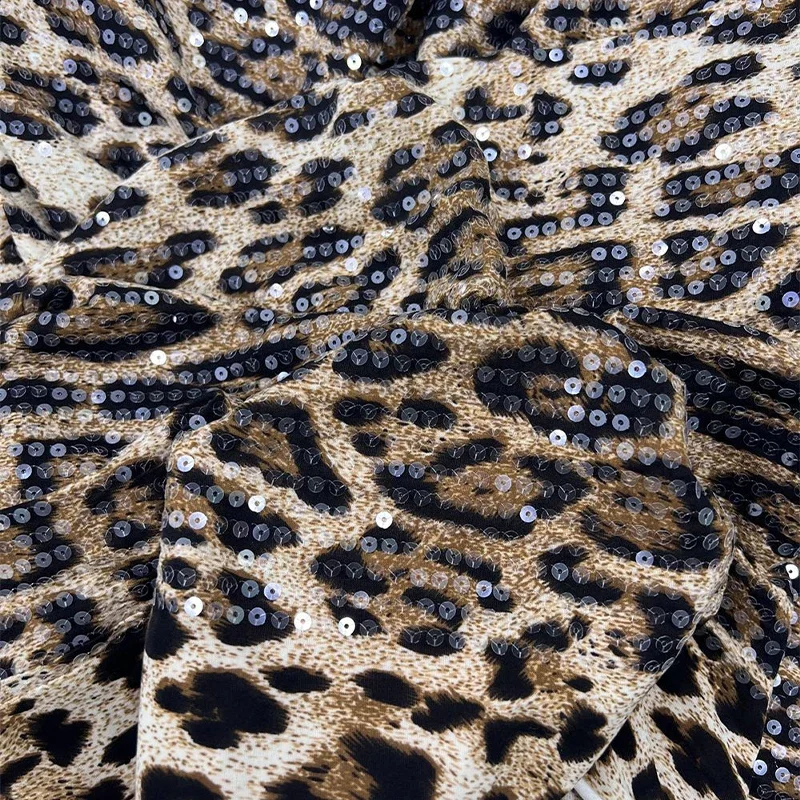 91cmx130cm Knitted Leopard Print Transparent Sequin Fabric Stretch Clear Embroidered Material for Stage Performance Costumes DIY