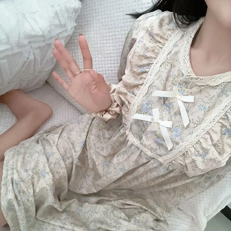 Floral Print Sleepwear Womens Vintage Nightgown Korean Ruffles Short Sleeve Night Dress One Piece Pajama Summer Lace Home Wear