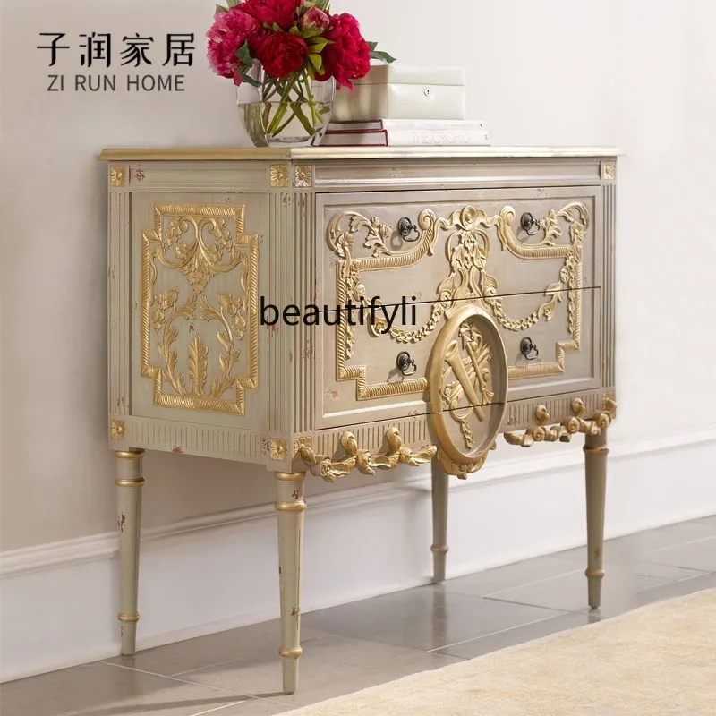 American country solid wood creative gold-painted entrance cabinet neoclassical nostalgic decorative cabinet storage cabinet