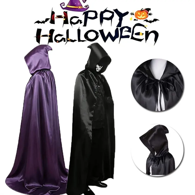 Halloween-Umhang, weicher, unisex, mit Kapuze, schwarzer Umhang, Hexen-Langumhang, Cosplay-Kostüm, Requisite, Party- und Bühnenbedarf, Feiertagsdekoration.