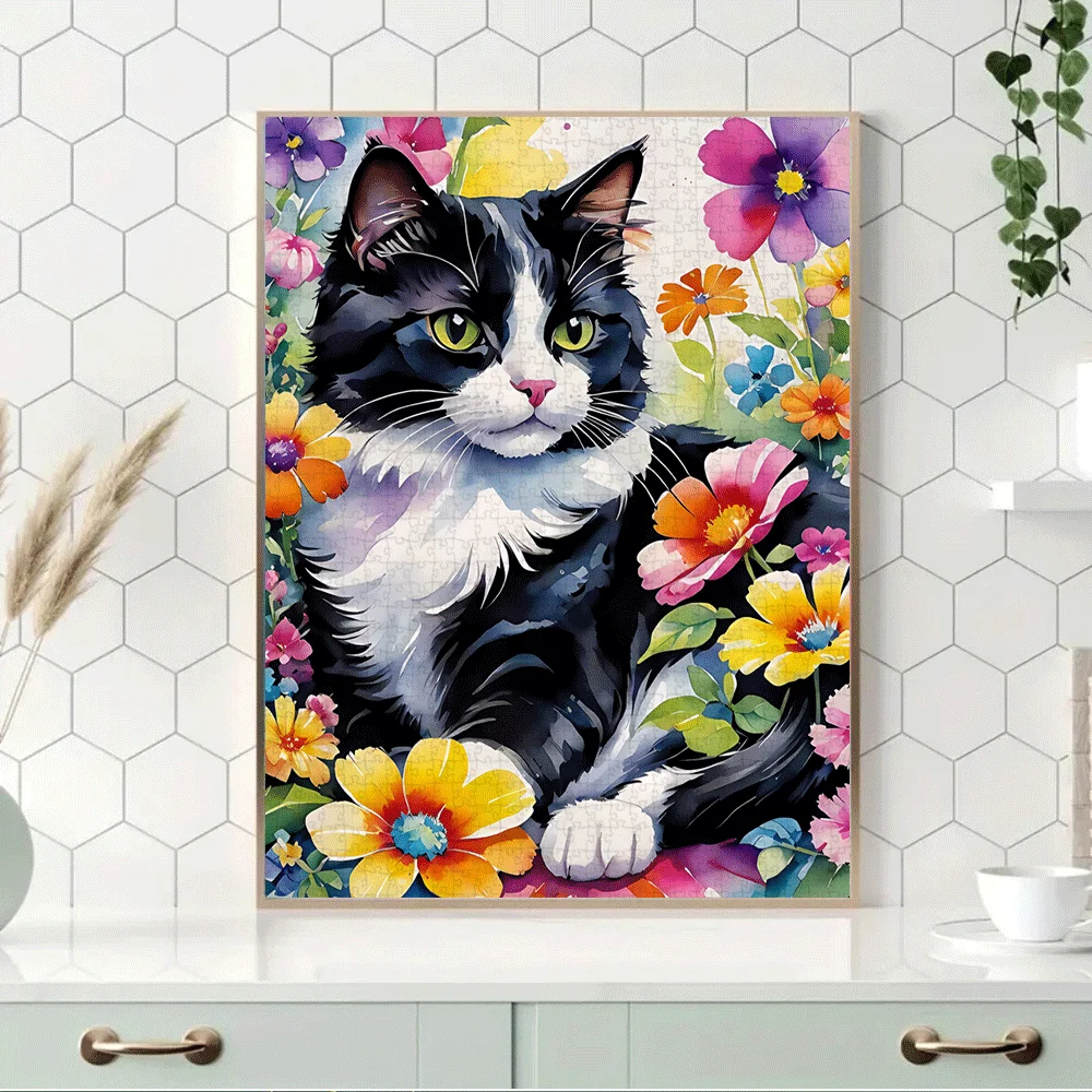 Puzzle dla dorosłych z motywem kota akwarelowego wśród kolorowych kwiatów, gra intelektualna, zabawka dekoracyjna do domu i na czas wolny.