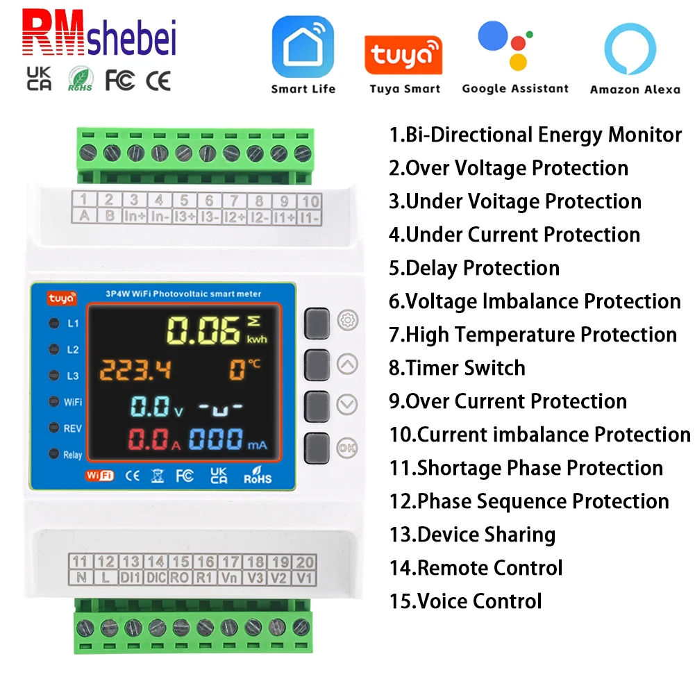 RMshebei Tuya Smart Circuit Breaker 3P SmartLife Voltage Relay Power Wifi Electric Consumption Meter 100A over voltage protector