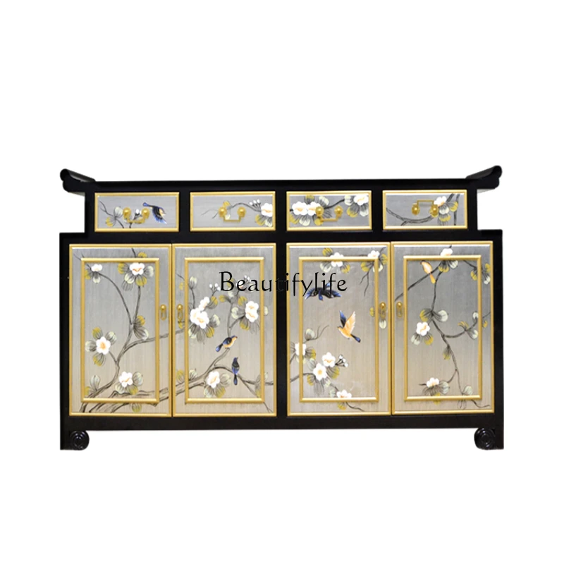 

Painted Hallway Sideboard Cabinet New Chinese Style Shoe Cabinet Light Luxury Solid Wood Door Partition Decoration