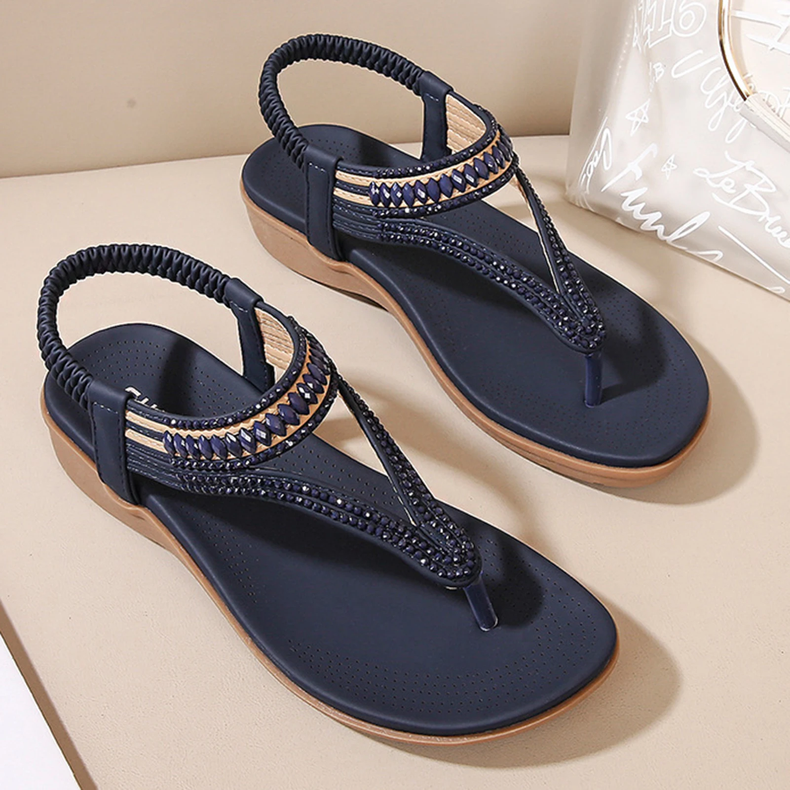 Women's Elastic Band Beaded Sandals Comfortable Breathable Shoes For Women Daily Wear Lightweight Comfortable Women Shoes