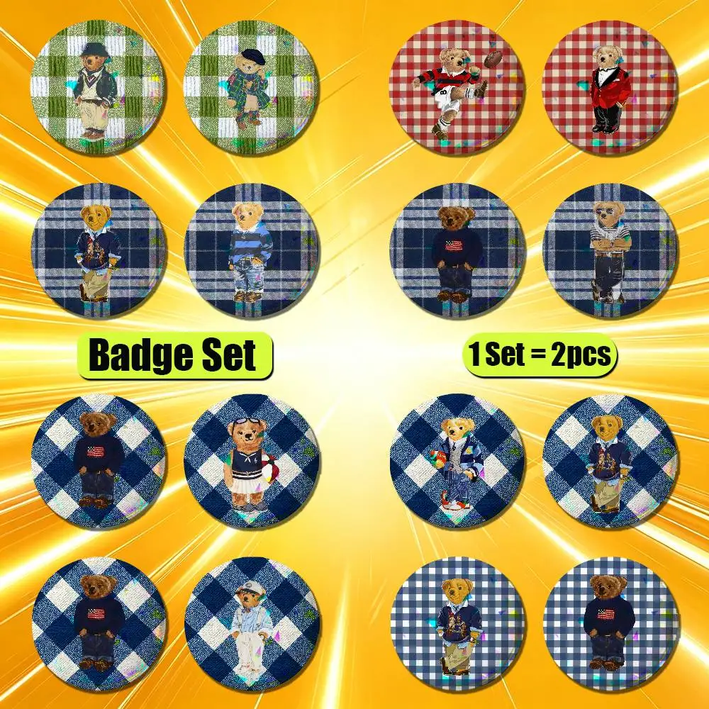 For Cartoon P-POLO Bear Badge Pin Insignia 2 Pcs Set Round Button Emblem Laser Film Clothes 32mm Custom