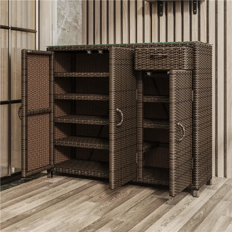Outdoor Rattan Shoe Cabinet Waterproof Sunscreen Storage for Balcony Villa Entryway Large Capacity Home Door Organizer