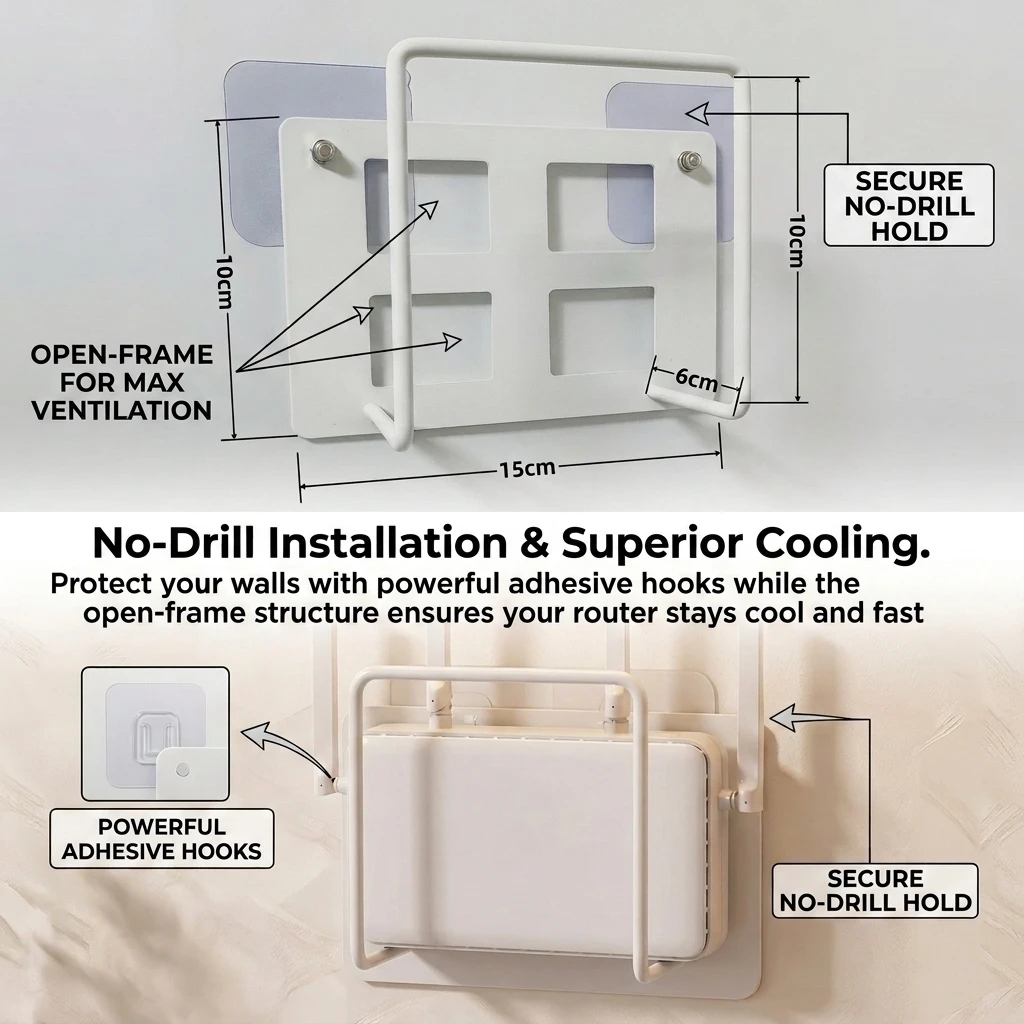 Wall Mount Router Stand Rack with Cable Management Design for Storage Box Bracket and Top Box, No Drilling Required, Wi-Fi Rack view 5