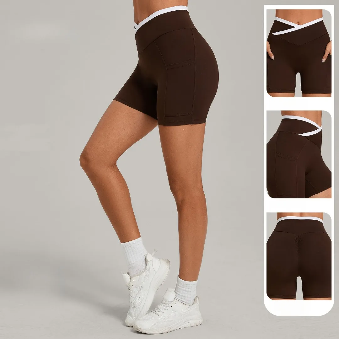 

Новые женские шорты для йоги с высокой талией, подтягивающие ягодицы, облегающие, с карманами, для фитнеса, бега, спорта, повседневной носки, тренировок, спортзала