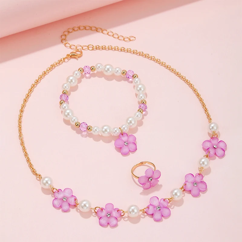 3Pcs/set Flower Charm Chain Necklace with Beads Bracelet Ring Jewelry Set for Girls Daughter Party Birthday Gift