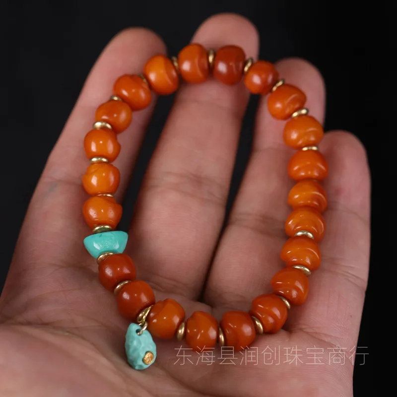 Yak Bone Carving, Small Ingot-Shaped Bracelet, Tibetan-Style Patina, Buddhist Beads, Turquoise