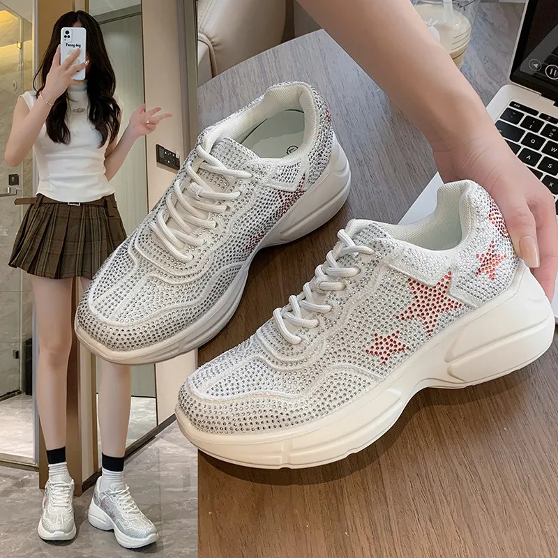 High Appearance Level Thick Sole Lace-up Full Diamond Fashion All Comfortable Non-slip Breathable Sports Casual Women's Shoes