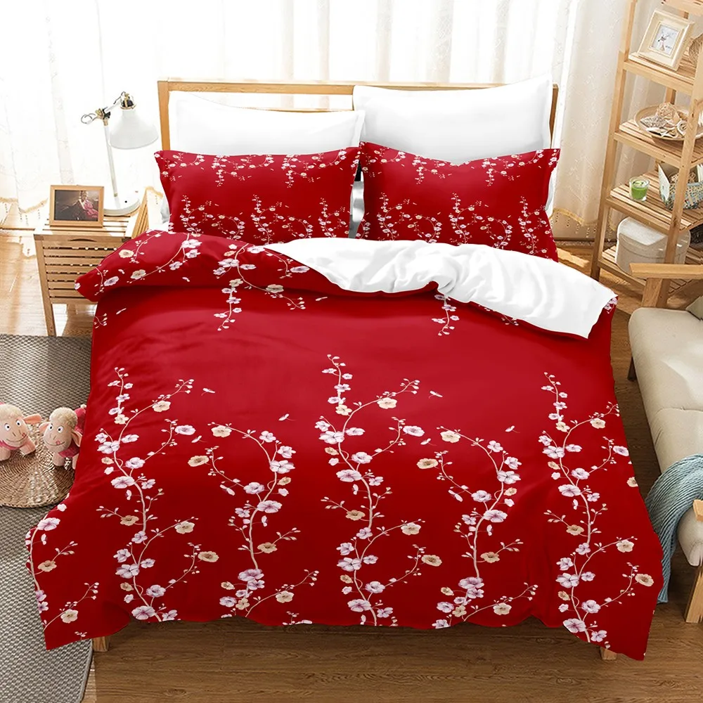 Red Cherry Blossom Duvet Cover Set 3Pcs Floral Print Bedding 2 Pillowcases No Comforter Breathable All Sizes Home Bedroom Decor