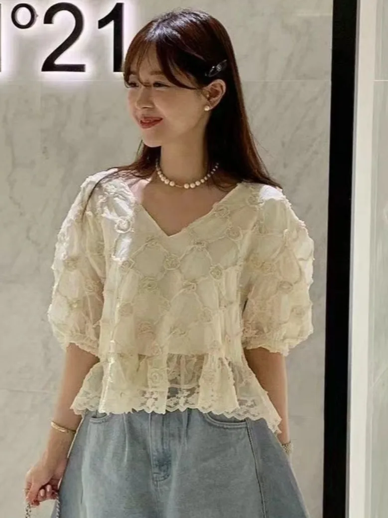 Dongdaemun Ins Recommended Heavy Industry 3d Flower Sweet Anti-aging Versatile Top Chiffon Blouse Commuting Sle V-ne Bubb...