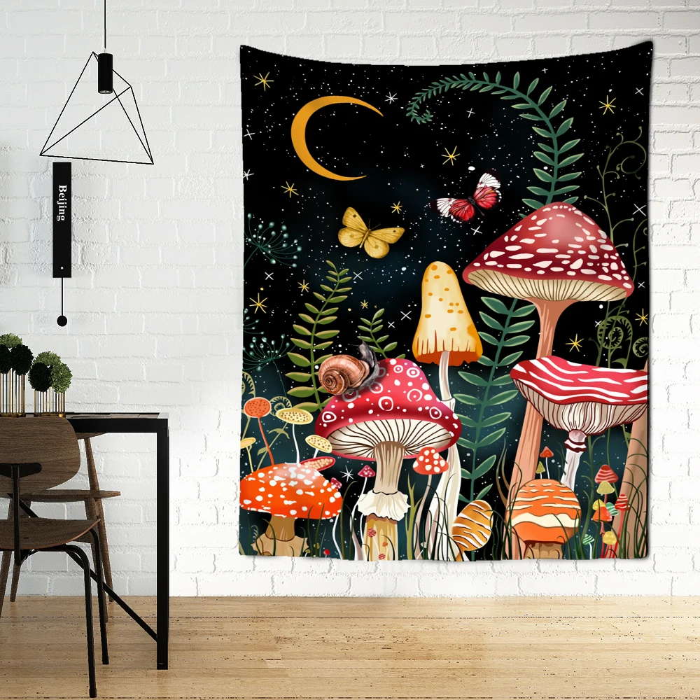 

Mushroom Moon Tapestry Wall Hanging Plants Flowers Starry Sky Kawayi Bohemian Dormitory Artist Home Decor