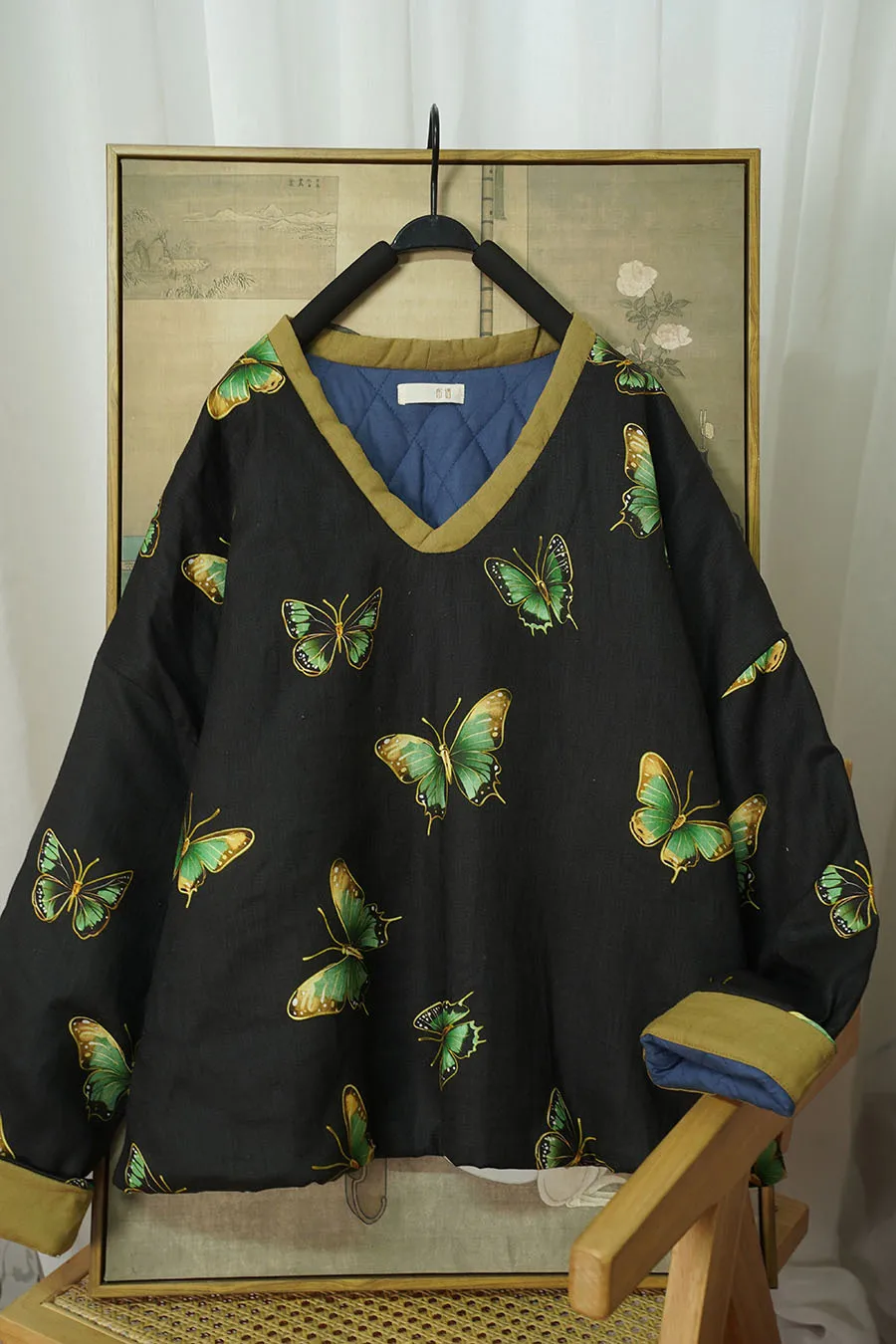 

2026 New Style Linen Print V-Neck Pullover Loose Short Quilted Cotton Casual Jacket