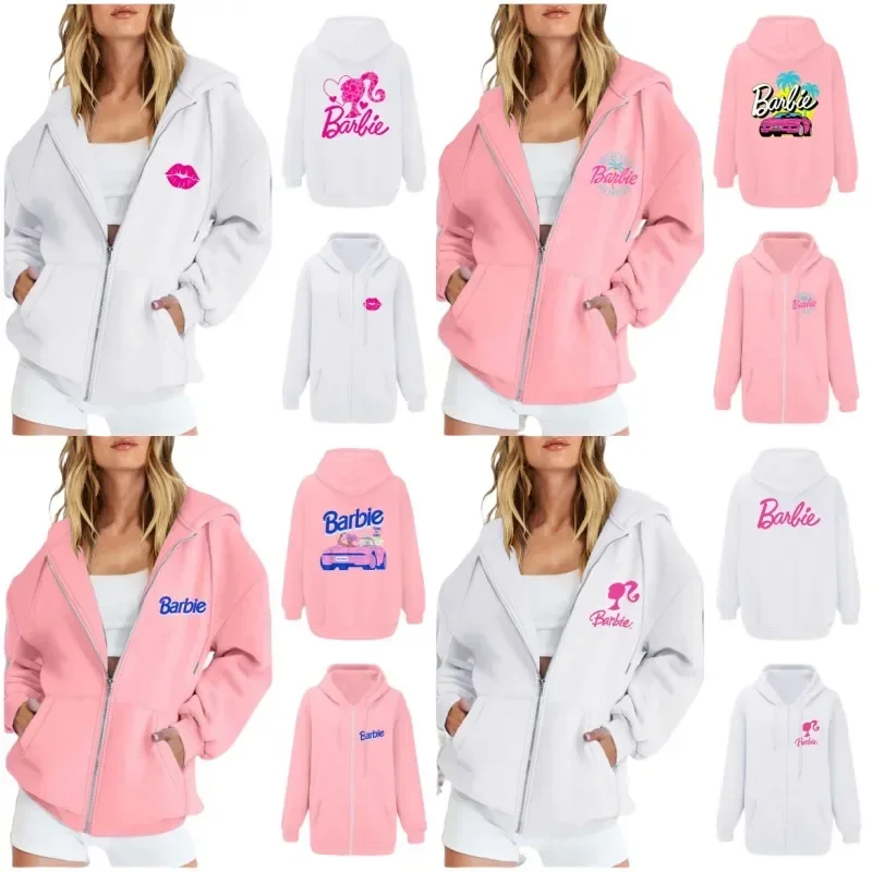 Anime Barbie Jacket Cartoon Women's Fashion Printed Pullover Cute Girls Sports Hooded Cardigan Kawaii Casual Long Sleeve Top