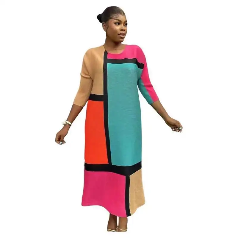 

Miyake High-end Pleated Fashionable Plus Size Round Neck Color Blocked Loose Elastic Summer Women's Dress