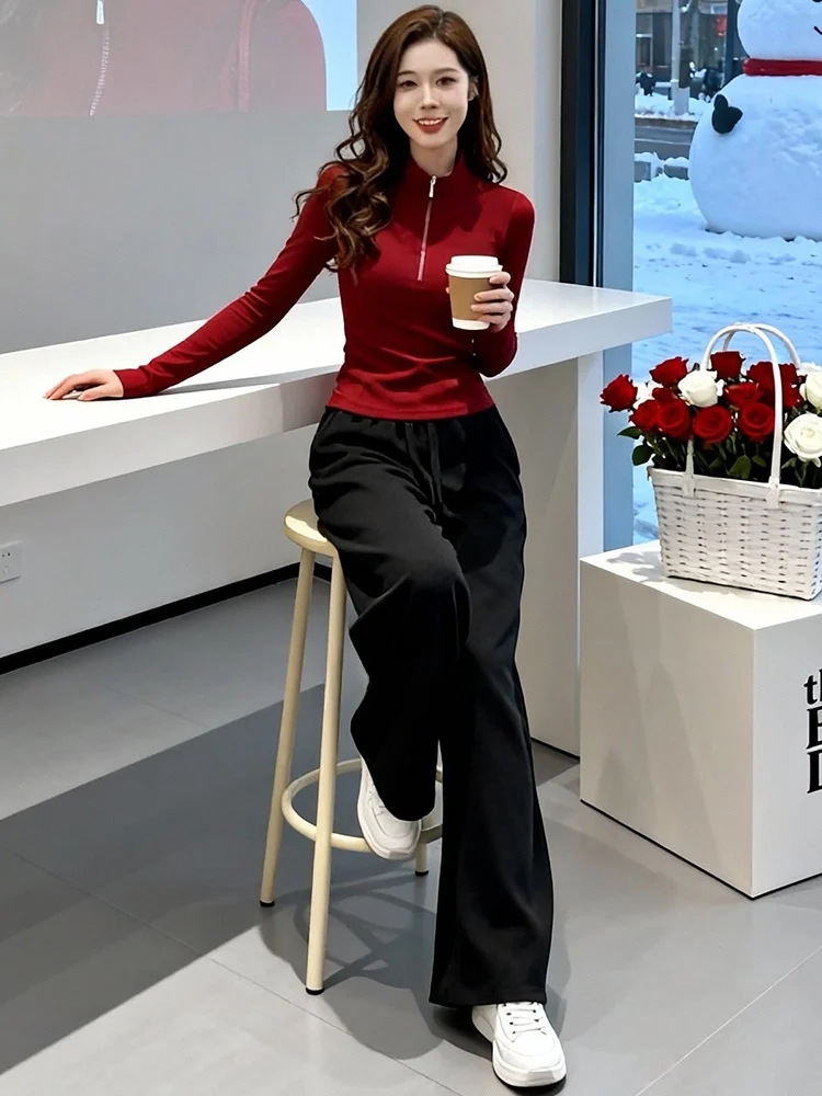 

Spring 2026 High-End Casual Sportswear Set Women's Slim Fit Waist-Cinching Slimming Top Wide Leg Pants Two-Piece Set