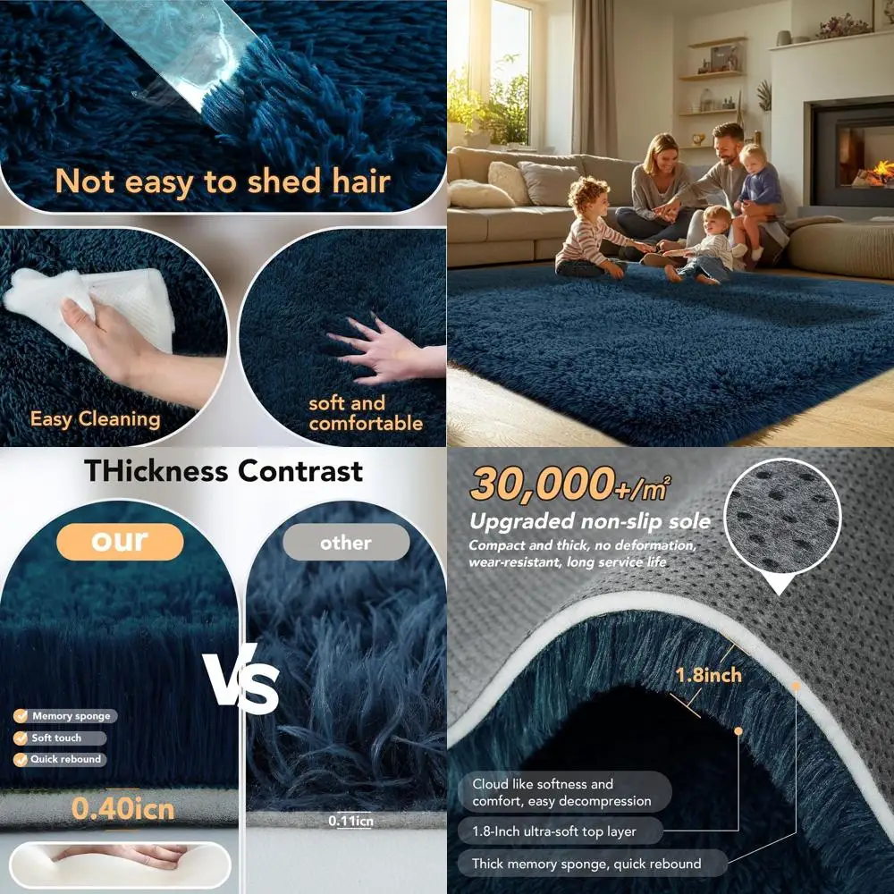 

9x12 Navy Blue Shag Area Rug for Living Room and Bedroom - Plush Carpet for Kids' Room