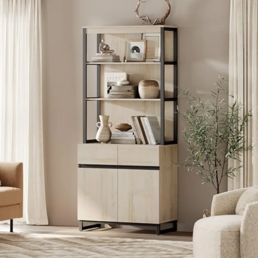 

Современный высокий книжный шкаф (72 дюйма) с металлическим основанием и регулируемыми полками, библиотечный стеллаж с отсеком для хранения и открытыми полками для книг, цвет: венге.