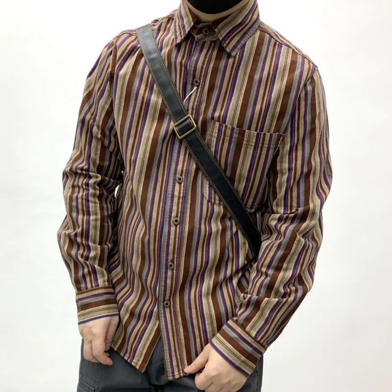 Amikaki Ethnic Style Men\'s Pure Cotton Colorful Stripes Shirt Loose Ancient Cargo Long Sleeved Shirt Jacket With Chest Pocket