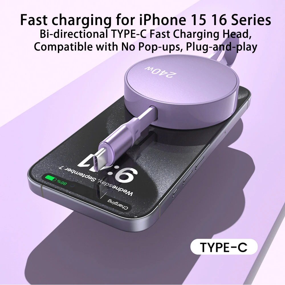 240W Retractable USB C to USB C Cable PD Fast Charging Type C Data Cord for iPhone 15 16 Pro Max MacBook iPad Phone Laptop