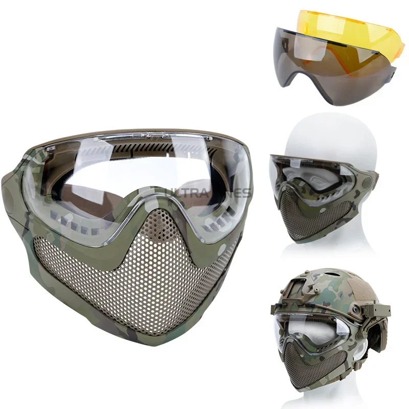 Masque Facial Complet Respirant à 3 Lentilles pour Tir, Dulpaintball, Wargame, Skip Airsoft CS, Protection en Maille d\'Acier