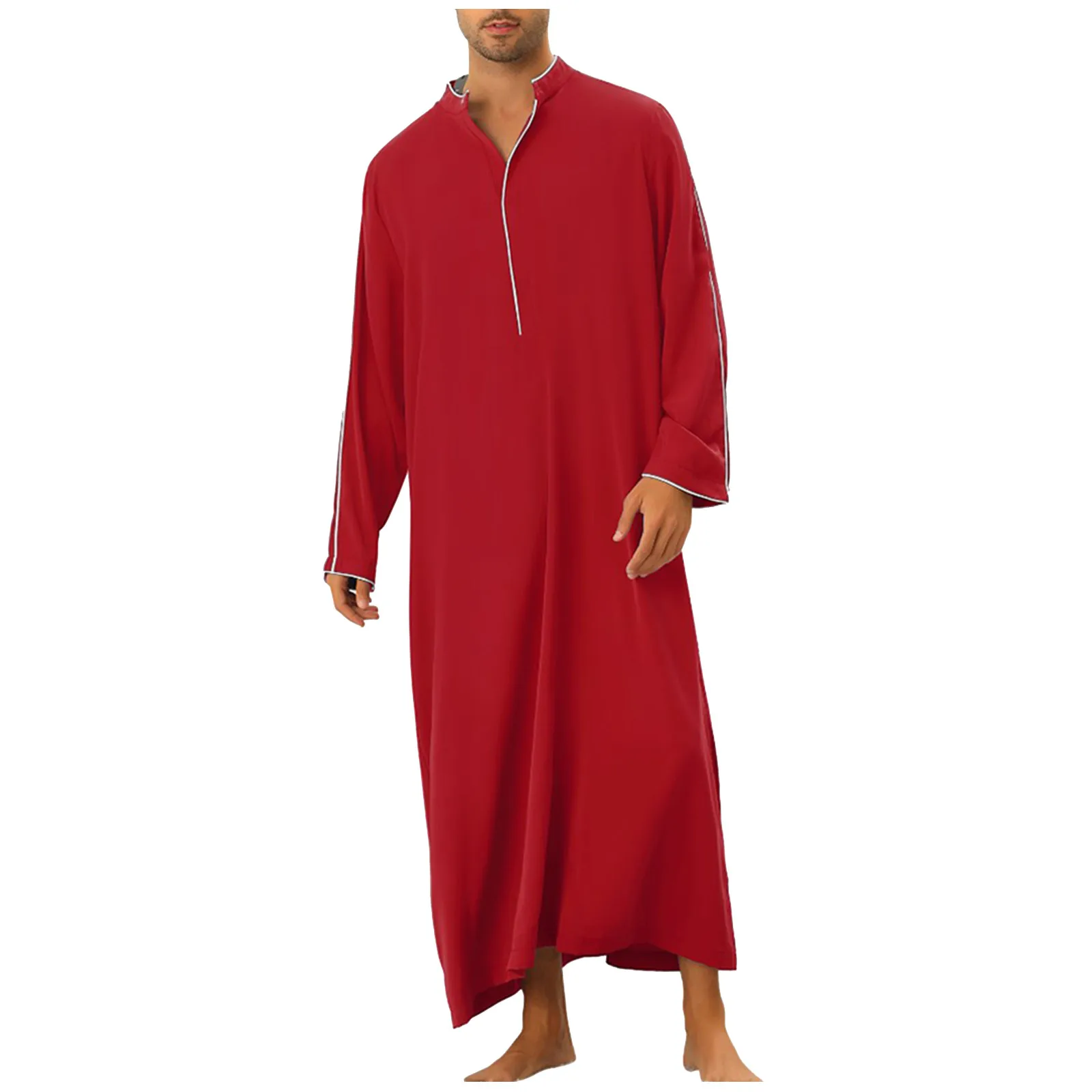 Jubah pakaian Muslim pria gaun panjang etnis Dubai pakaian kasual Pullover pakaian modis garis sederhana jahitan Jubba Thobe longgar