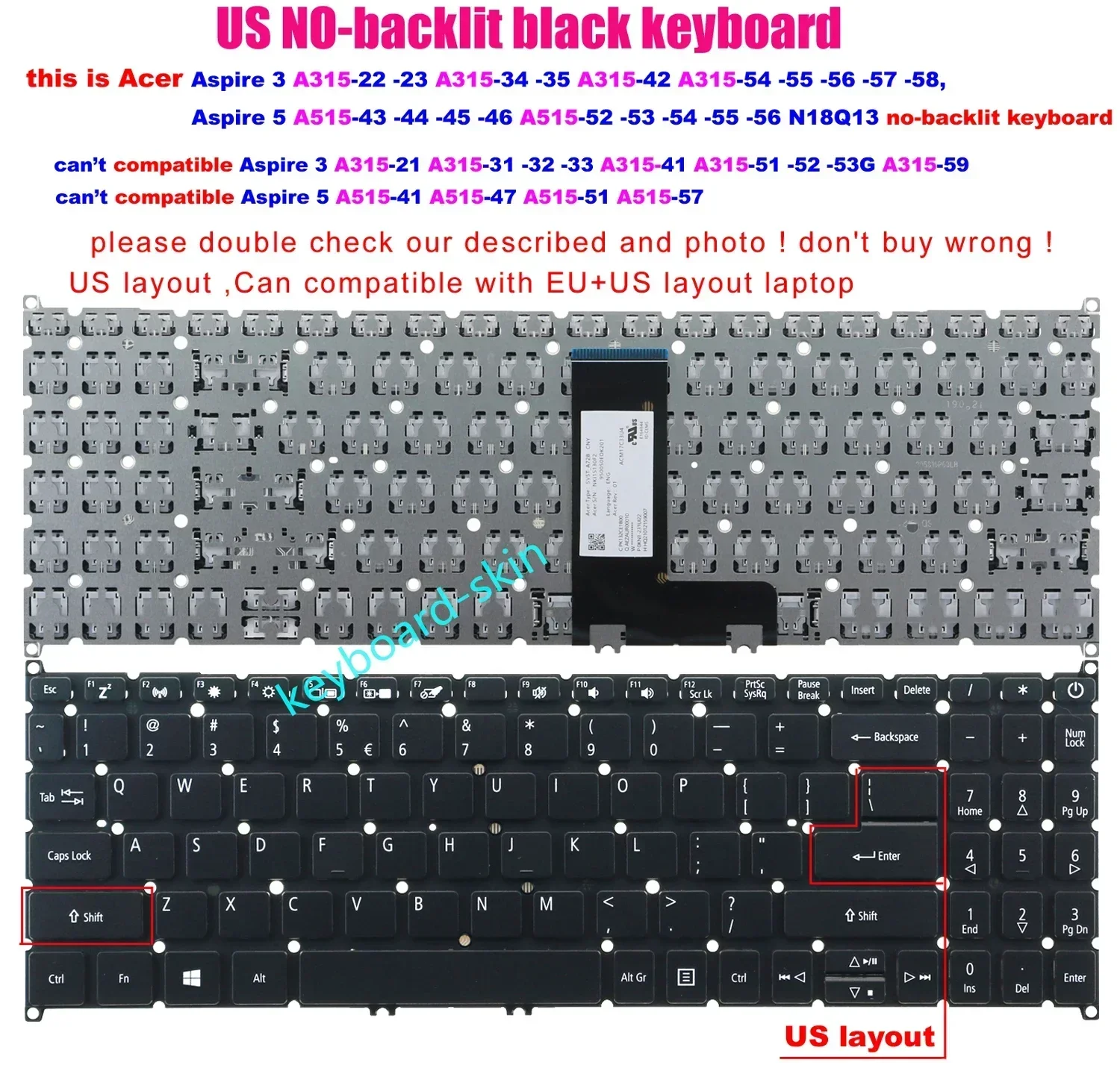 Nuevo teclado estadounidense sin retroiluminación y sin marco para portátil Acer Aspire 5 A515-43,A515-43G,A515-52,A515-52G,A515-54,A515-55,A515-56