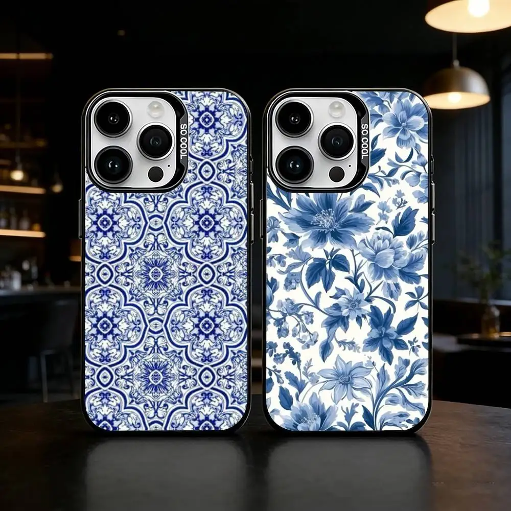Blue white Porcelain Pattern Phone Case For iPhone 17,16,15,14,13,12,11,Pro Max,Plus Candy Silver Cover