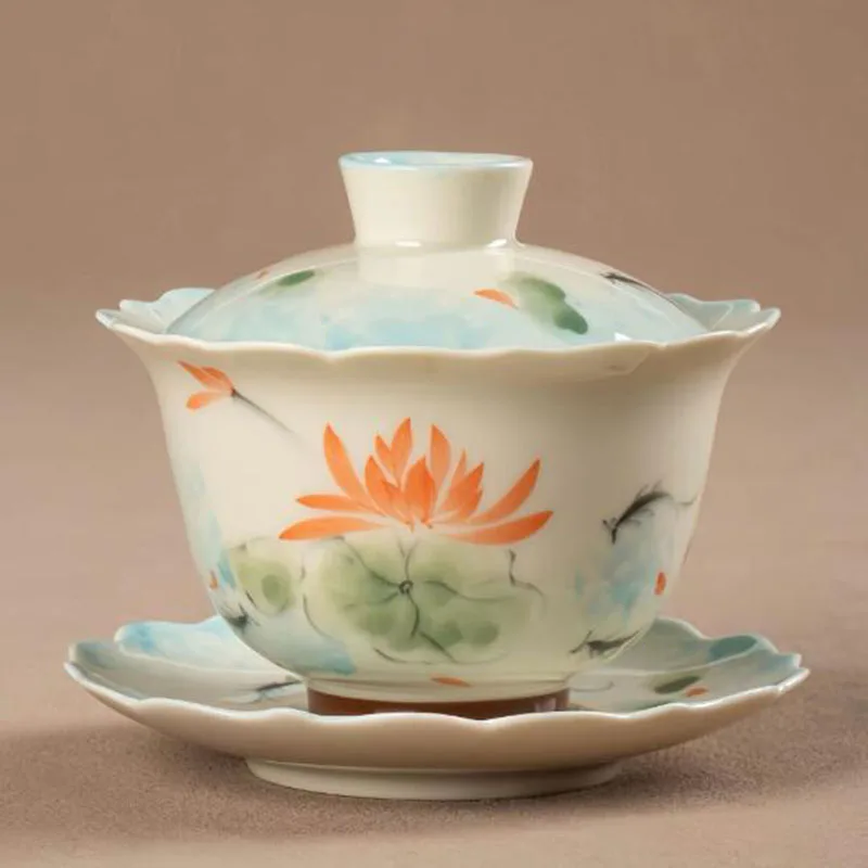 Plant Ash Porcelain Sancai Gaiwan Lotus Pattern Tea Tureen Cover Bowl Kungfu Tea Cup Teaware Set Tea Ceremony