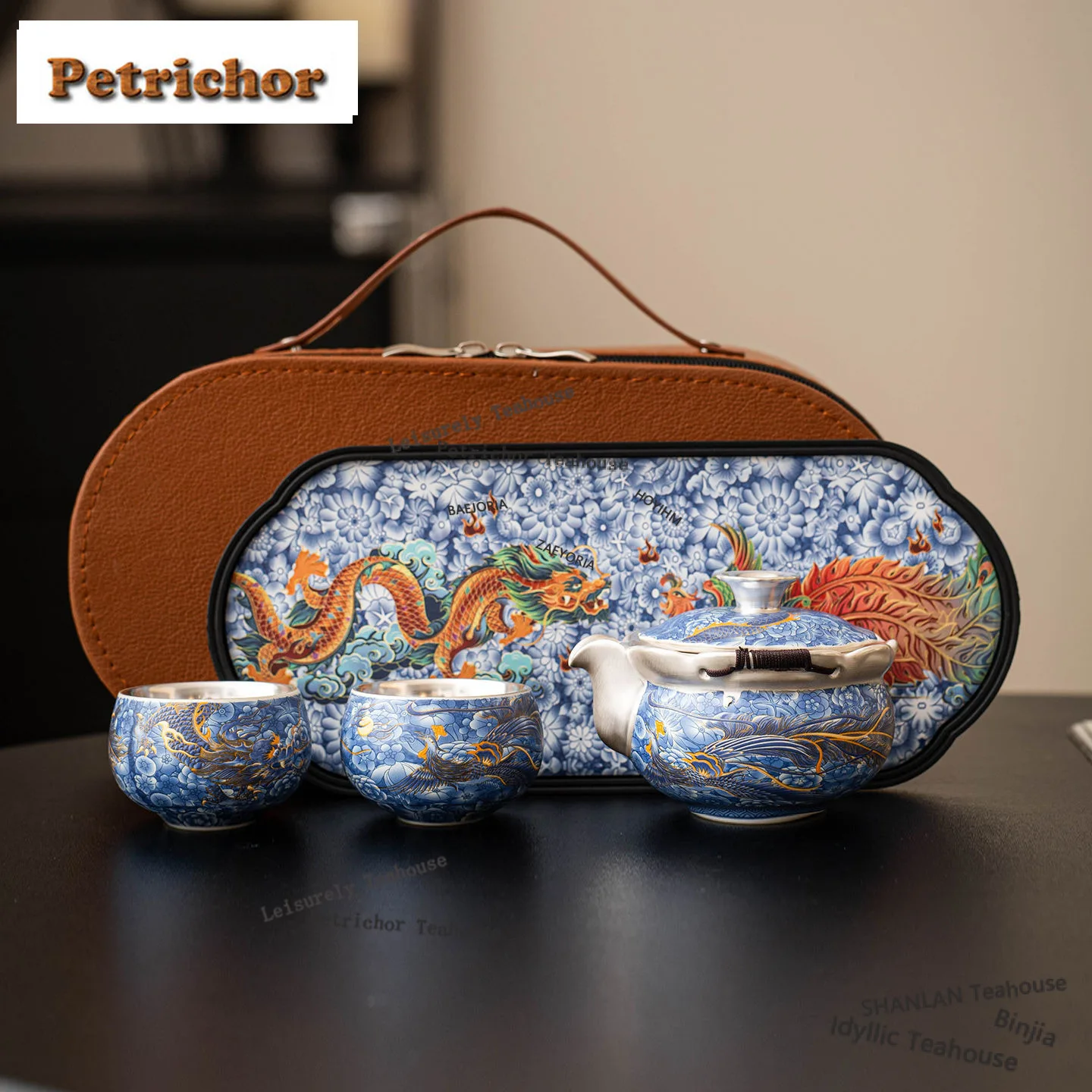 HOYIHM Gilt Silver Blue And White Dragon Phoenix Tea Set Complete Set Creative Tea Ceremony Set Teapot And Tea Cup Set Tea Items