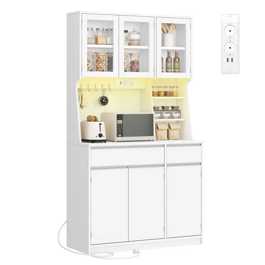 Mueble de Cocina PT00103XEU, Mueble Buffet, Mueble Alto con Enchufes y Tiras de Luz LED, con Encimeras y Dos Cajones, Ajustable