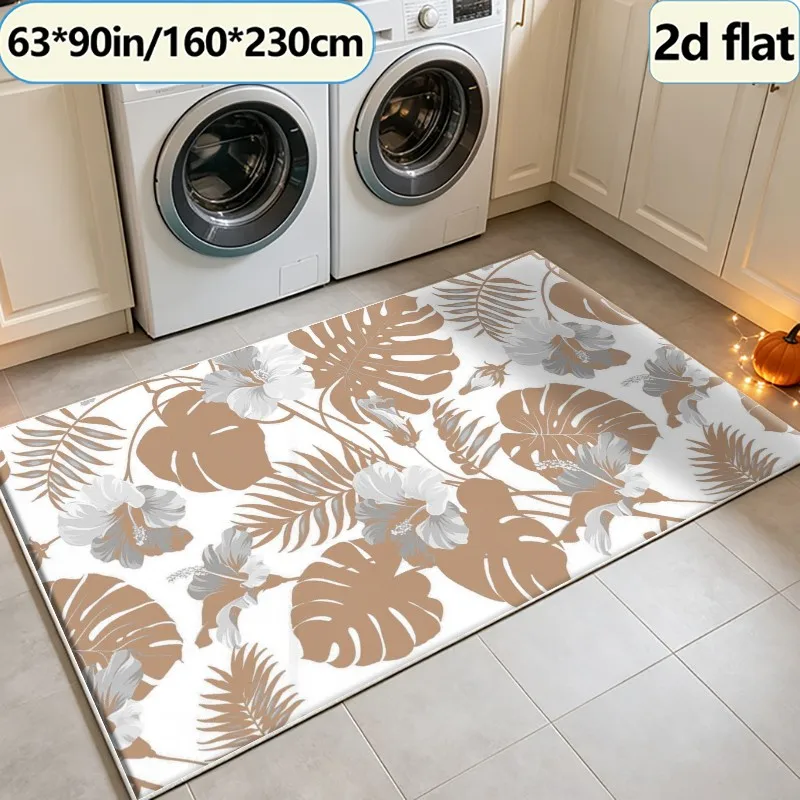 Neutral Tropical Monstera Hibiscus Leaf carpet flooring, Retro Botanical Area Rug for Living Room Bedroom Household Floor Decor view 5