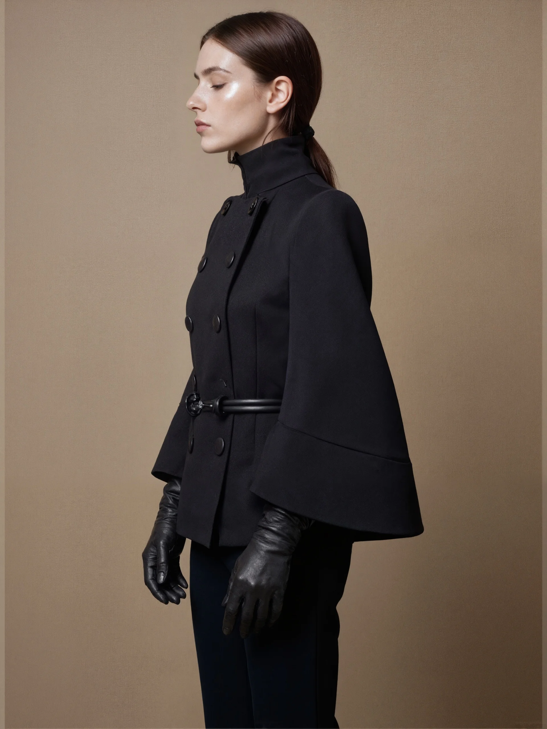 Black Short Jackets Coats Women Long Flared Sleeves High Neck England Style Coats Female Double Breasted Spring Autumn Outerwear