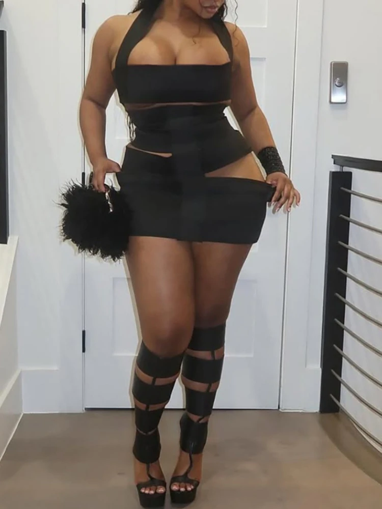 

Летнее облегающее мини-платье SsTss 2026 с вырезами, однотонное, с воротником-халтер, без рукавов, для клубных вечеринок, женское, модное