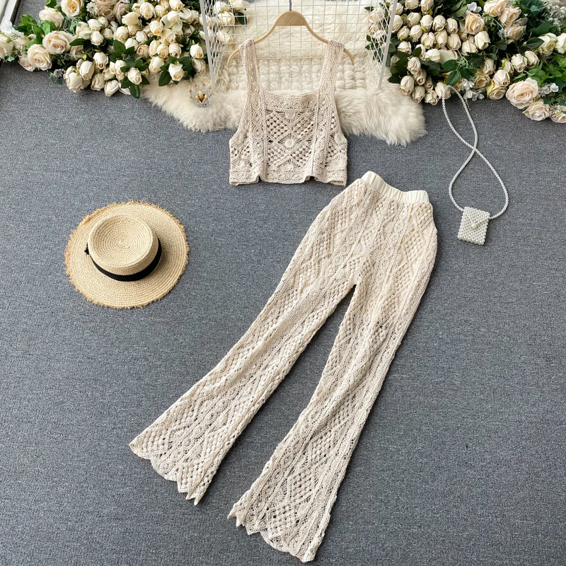 Pajamas for Women Summer Sexy Sleeveless Hollow Out Knitted Short Strap Tops Long Flare Pants Two Piece Suits Boho Beach