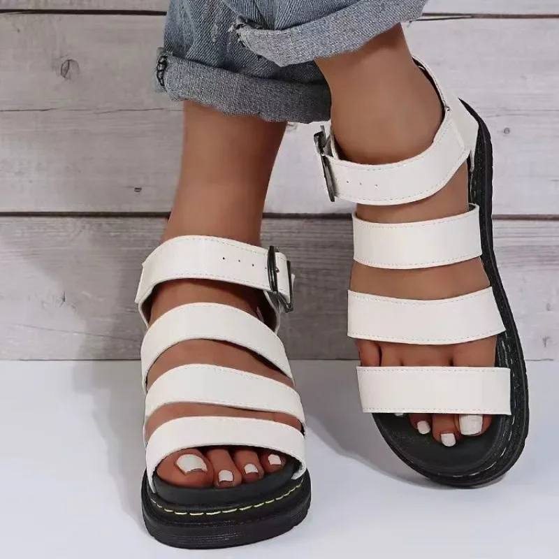 2024 Spot Large Summer New Thick Sole One Line Casual Roman Sandals Women\'s Cross Border Round Head Buckle Shoes