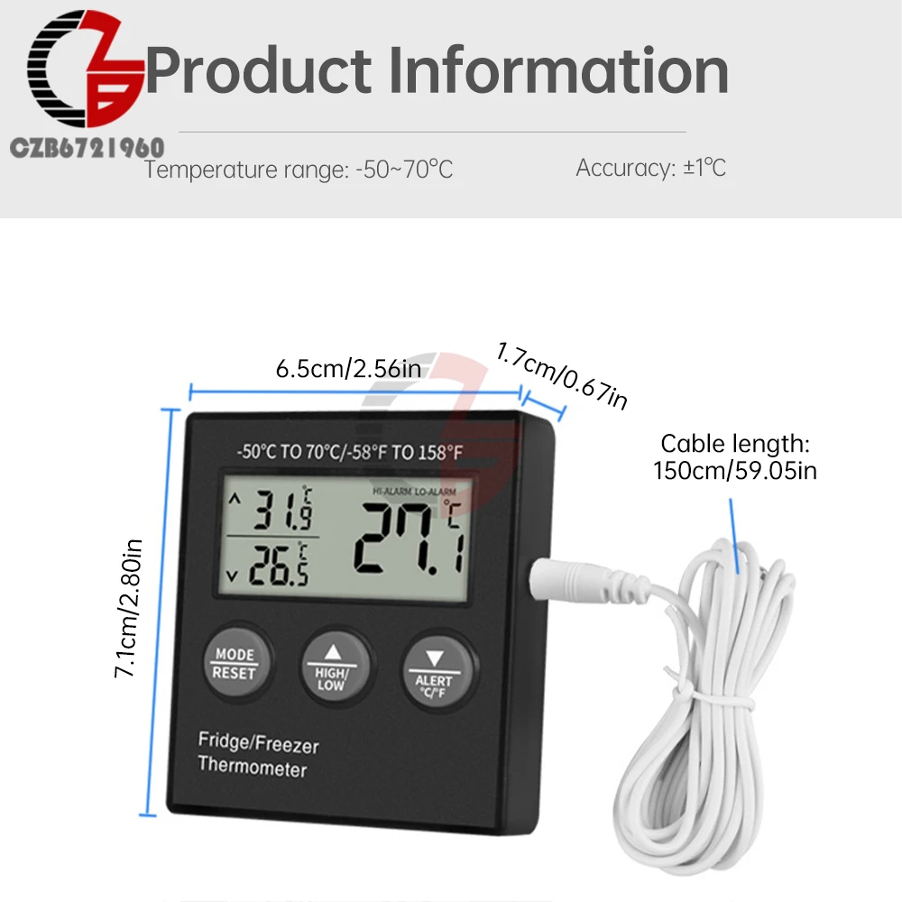 Imagem -06 - Termômetro Digital Refrigerador Termômetro do Congelador Medidor do Tanque de Água do Aquário Alarme de Baixa Temperatura com Sensor Externo