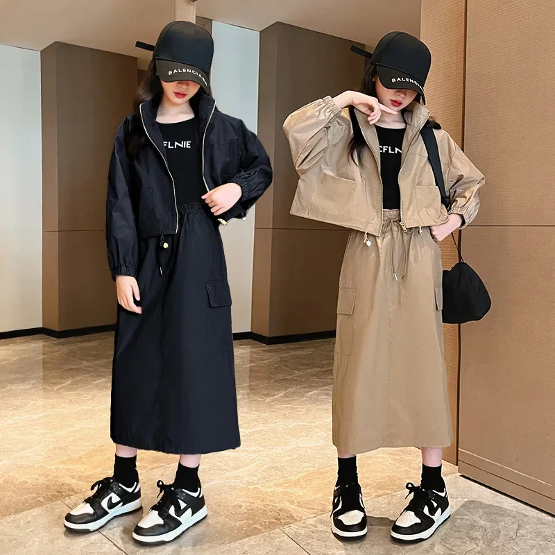 

Girls Clothes Suit Spring and Autumn Korean Fashion Style Set Skirt 2024 New Childrens Coat Cargo Skirt Casual Two-piece Set