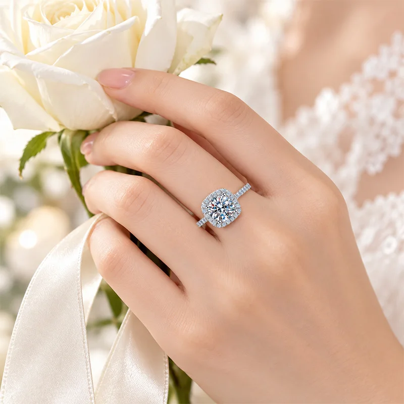 Square Sugar Cube Moissanite Ring, 925 Sterling Silver D Color Square Gemstone Women Ring, Wedding Engagement Fine Jewelry