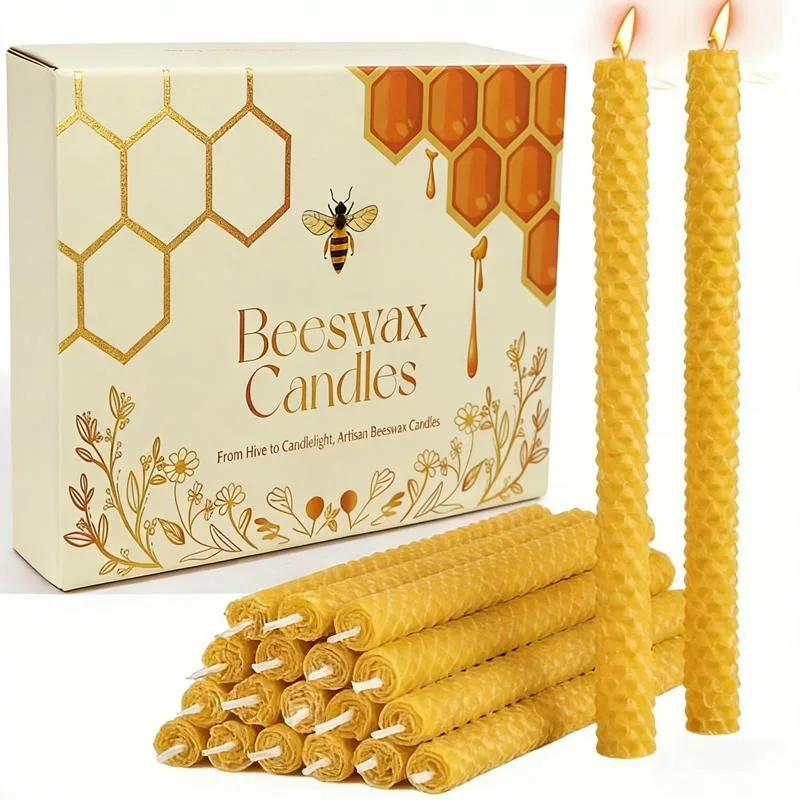 20 Pcs Handmade Beeswax Candle Set | Honeycomb Texture | Xmas Halloween Dinner Decor | Premium Gift Box