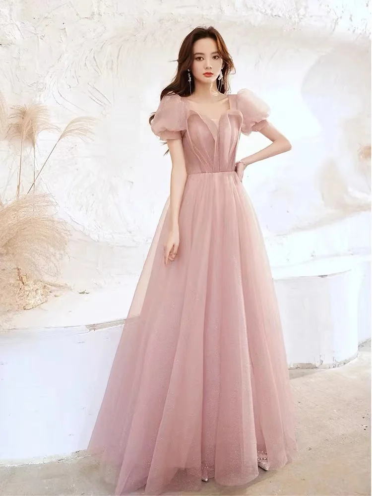 Abiti da sera lunghi rosa Maniche a sbuffo di lusso Colletto quadrato A-Line Lunghezza pavimento Elegante banchetto Abiti da ballo formali per celebrità