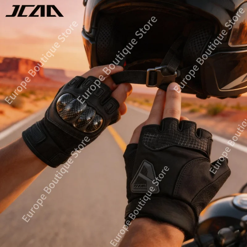 

2026 NEW Summer Breathable Carbon Fiber Shell Half Finger Gloves Men Genuine Leather Short Anti Fall Motorcycle Riding Gear