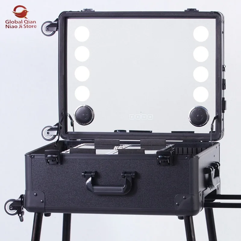Bluetooth Lighted Rolling Makeup Case, Professional Cosmetologist & Beauty Toolbox, Light Case with Hidden Bracket
