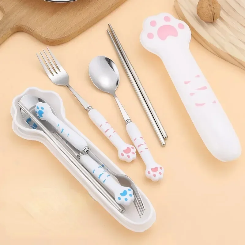 Cartoon Cute Cat Claw Spoon and Fork Set  Chopstick Cutlery Student Children Outdoor Camping Portable Kawaii Kitchen Accessories