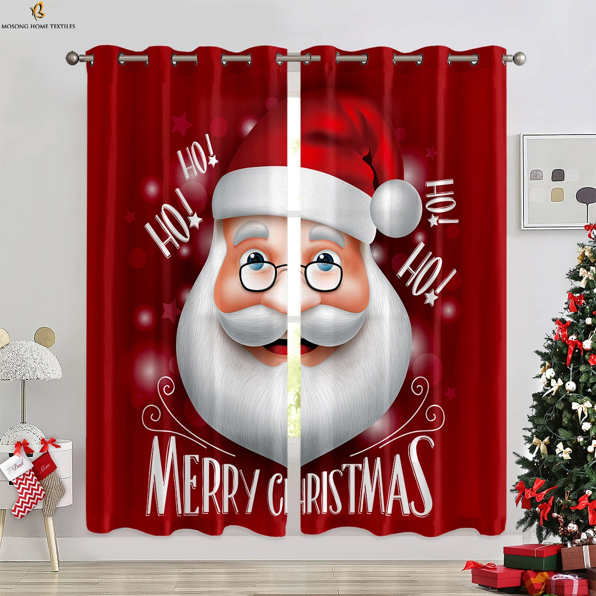 Christmas Dog Window Santa Claus 3D Printing Curtains Bedroom Restaurant Holiday Party Decoration Curtains 2 Pieces