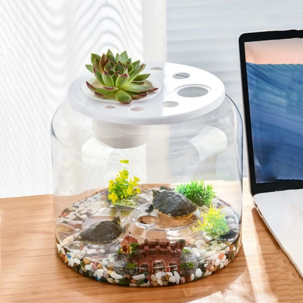 Practical Transparent Round Fish Tank Plastic Unbreakable Desktop Turtle Tank with Cover Hydroponic Fish Tank Office